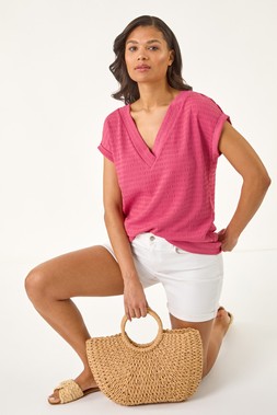 Roman Bubble Crepe V-Neck Stretch Tee