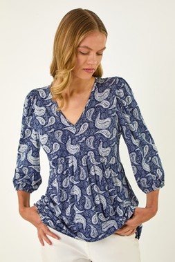 Roman Navy Paisley Print V-Neck Stretch Top