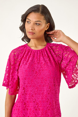 Roman Magenta Lace Angel Sleeve Stretch Top