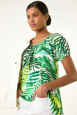 Roman Leaf Print Asymmetric Stretch Tunic Top