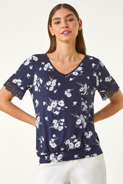 Roman Navy Floral Print V-Neck Lace Stretch Top