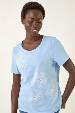 Roman Floral Print Pearl Detail Top
