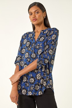 Blue Floral Puff Print Stretch Shirt