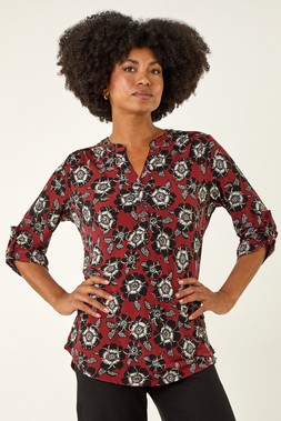 Roman Rust Floral Puff Print Stretch Shirt