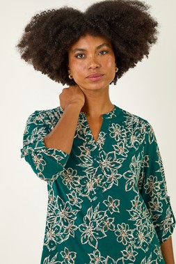 Roman Teal Floral Puff Print Stretch Top
