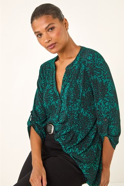 Roman Teal Abstract Print V-Neck Stretch Shirt