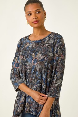 Roman Blue Floral Puff Print Stretch Tunic
