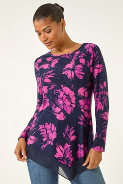 Roman Pink Floral Jacquard Chiffon Hem Top