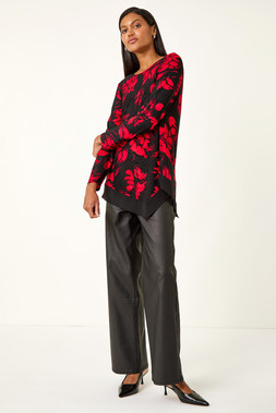 Roman Red Floral Jacquard Chiffon Hem Top