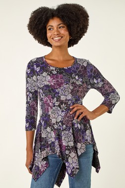Roman Purple Floral Puff Print Hanky Hem Top