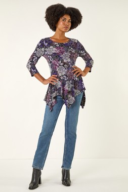 Roman Purple Floral Puff Print Hanky Hem Top