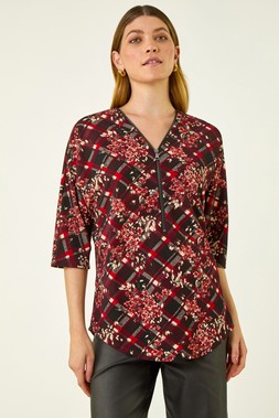 Roman Wine Textured Floral Print Stretch Top