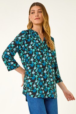 Teal Abstract V-Neck Stretch Top
