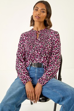 Roman Pink Printed Shirred Tie Neck Top