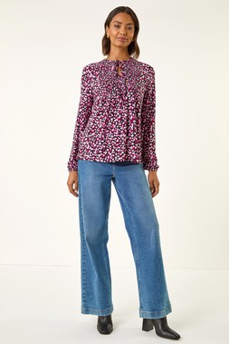 Roman Pink Printed Shirred Tie Neck Top