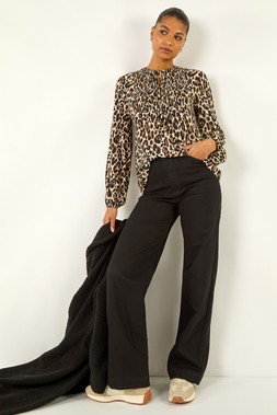 Roman Tan Animal Print Shirred Tie Neck Top