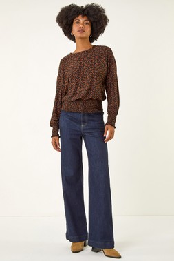Roman Black Abstract Print Shirred Top