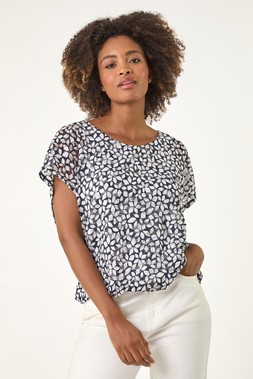 Roman Navy Printed Lace Bubble Hem Top