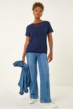 Roman Navy Crochet Neck Stretch T-Shirt