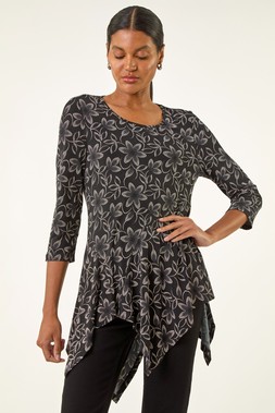 Roman Black Floral Print Asymmetric Tunic Top