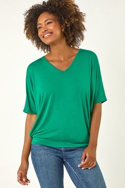 Roman Green V-Neck Grown On Sleeve Stretch Top