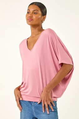 Roman Pink V-Neck Grown On Sleeve Stretch Top