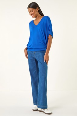 Roman Royal Blue V-Neck Grown On Sleeve Stretch Top