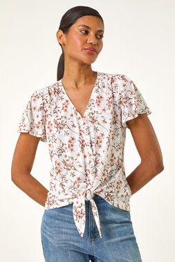 Roman Ivory Floral Buttoned Tie Hem Top