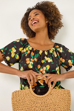Roman Fruit Printed Pom Pom Trim Bardot Top