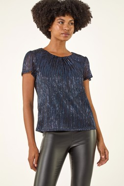 Roman Navy Metallic Sequin Plisse Top