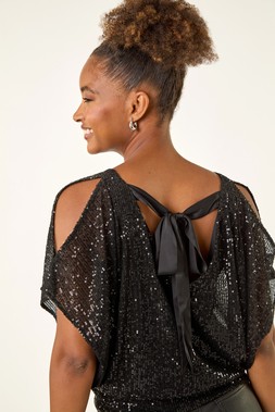 Roman Black Sequin Mesh Bow Back Top