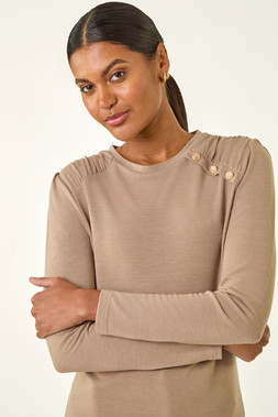 Roman Beige Ruched Button Stretch Top