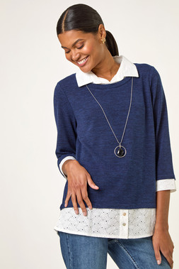 Roman Navy Mock Broderie Shirt Contrast Necklace Top