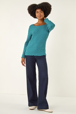 Roman Teal Textured Bubble Crepe Lettuce Edge Top