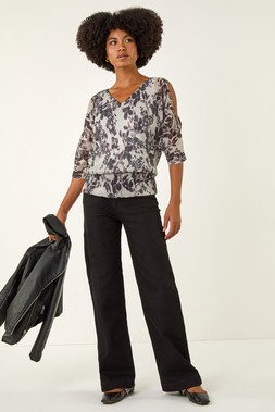 Roman Grey Metallic Plisse Banded Hem Top