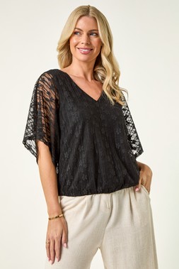 Roman Petite Black Mesh V-Neck Blouson Top