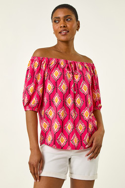Roman Pink Printed Bardot Tie Front Stretch Top