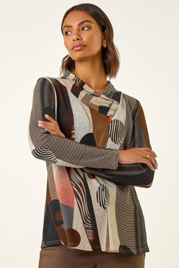 Roman Brown Abstract Print Snit Top