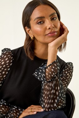 Roman Black Printed Mesh Sleeve Top