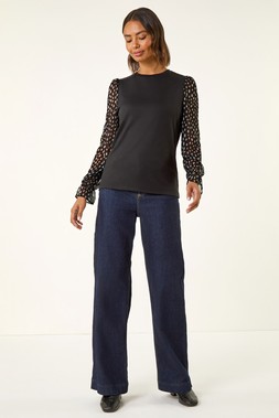 Roman Black Printed Mesh Sleeve Top