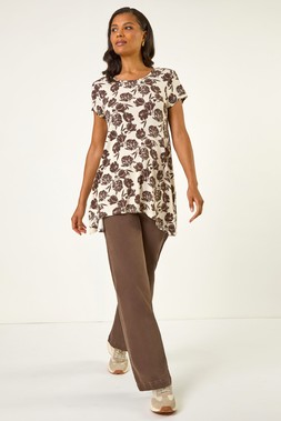 Roman Neutral Floral Print Hanky Hem Top