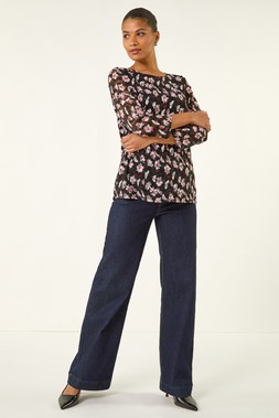 Roman Black Floral Print Stretch Top