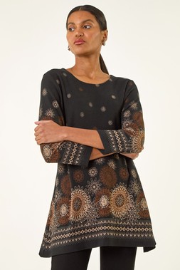 Roman Black Sunflower Printed Tunic Top