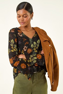 Roman Black Floral Print V-Neck Top