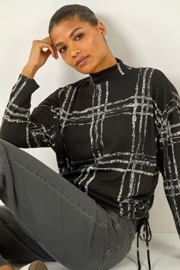 Roman Black Plaid Print Side Tie Top