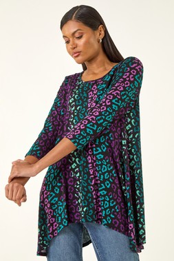 Teal Anima Print Hanky Hem Stretch Top