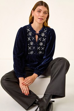 Roman Navy Velvet Embroidered Tie Top