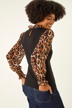 Roman Black Animal Print Mock Shirt Top