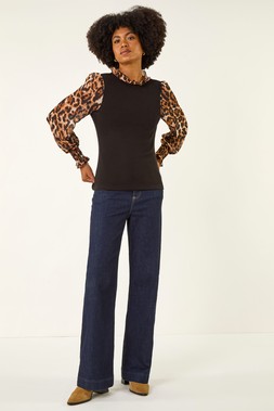 Roman Black Animal Print Mock Shirt Top