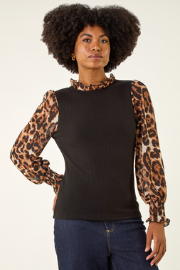 Roman Black Animal Print Mock Shirt Top